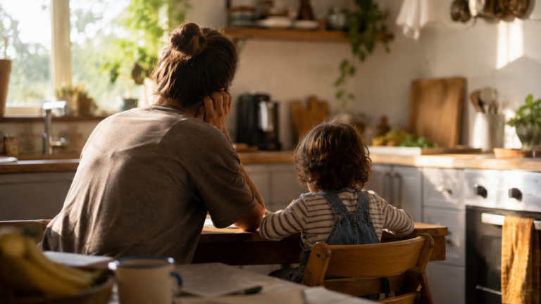 Un parent seul assis à la table de cuisine au matin, un enfant vu de dos à ses côtés