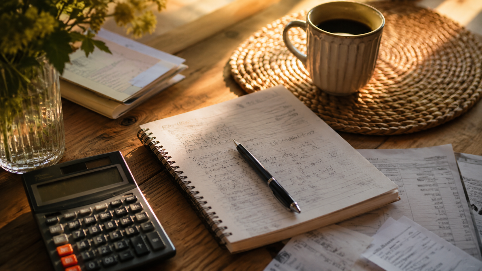Une table de cuisine avec calculatrice, carnet de comptes et relevés bancaires