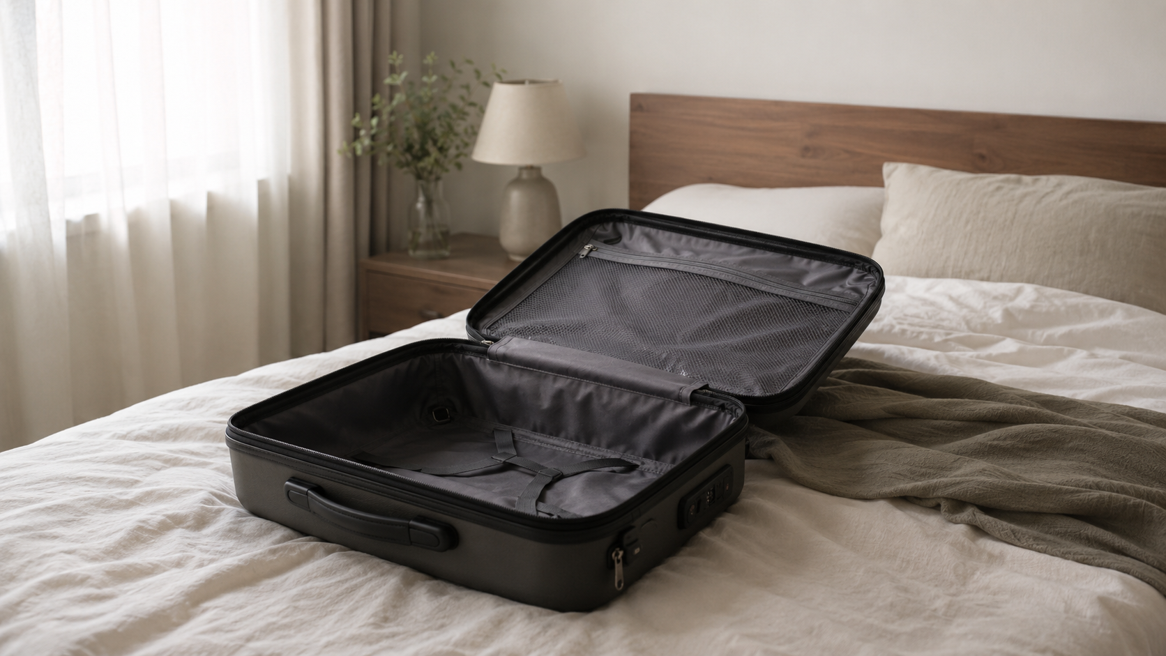 Une valise ouverte et vide posée sur un lit, fermeture non bouclée