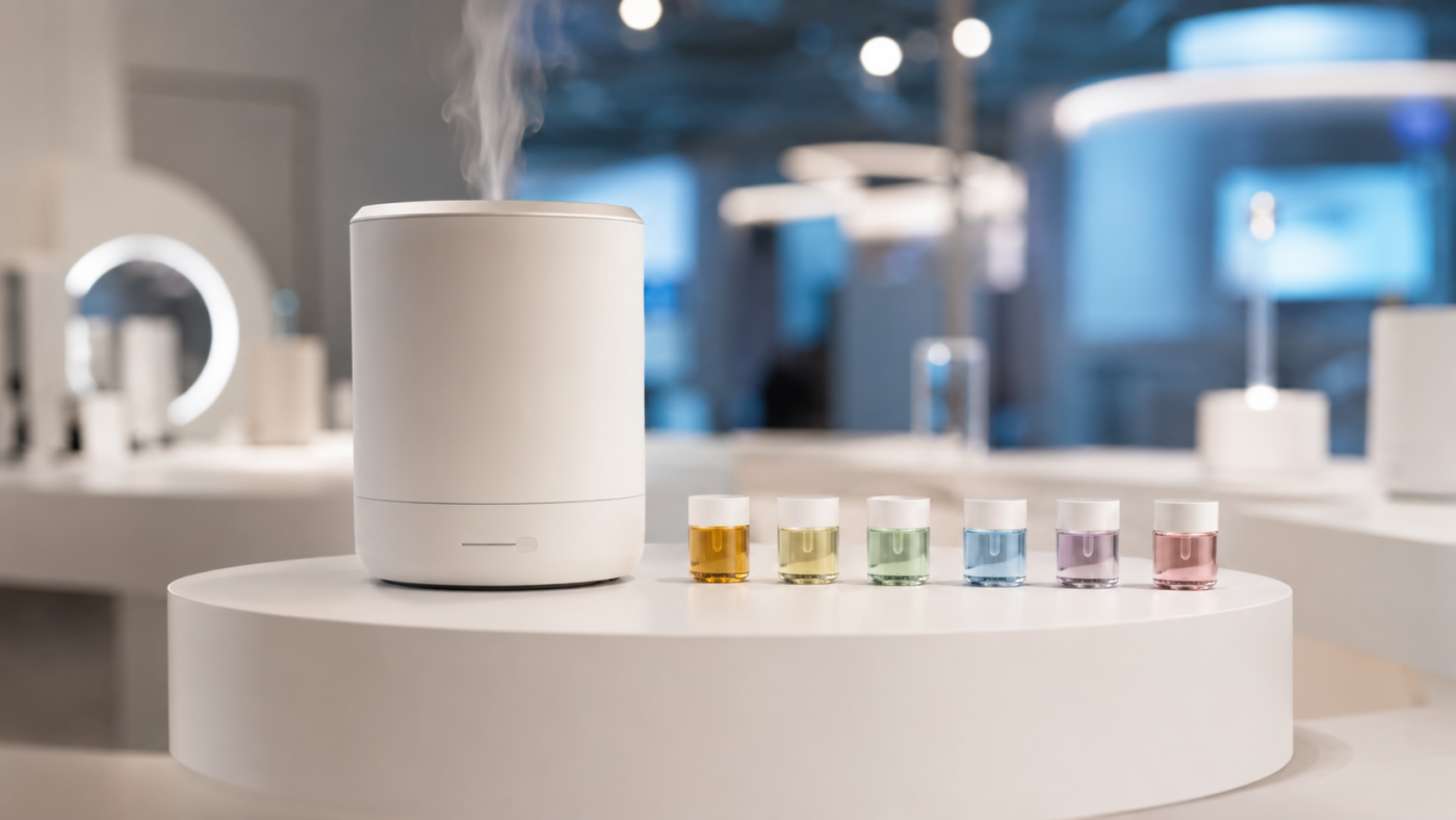 Un diffuseur de parfum connecte et ses capsules de senteur sur un stand de salon technologique