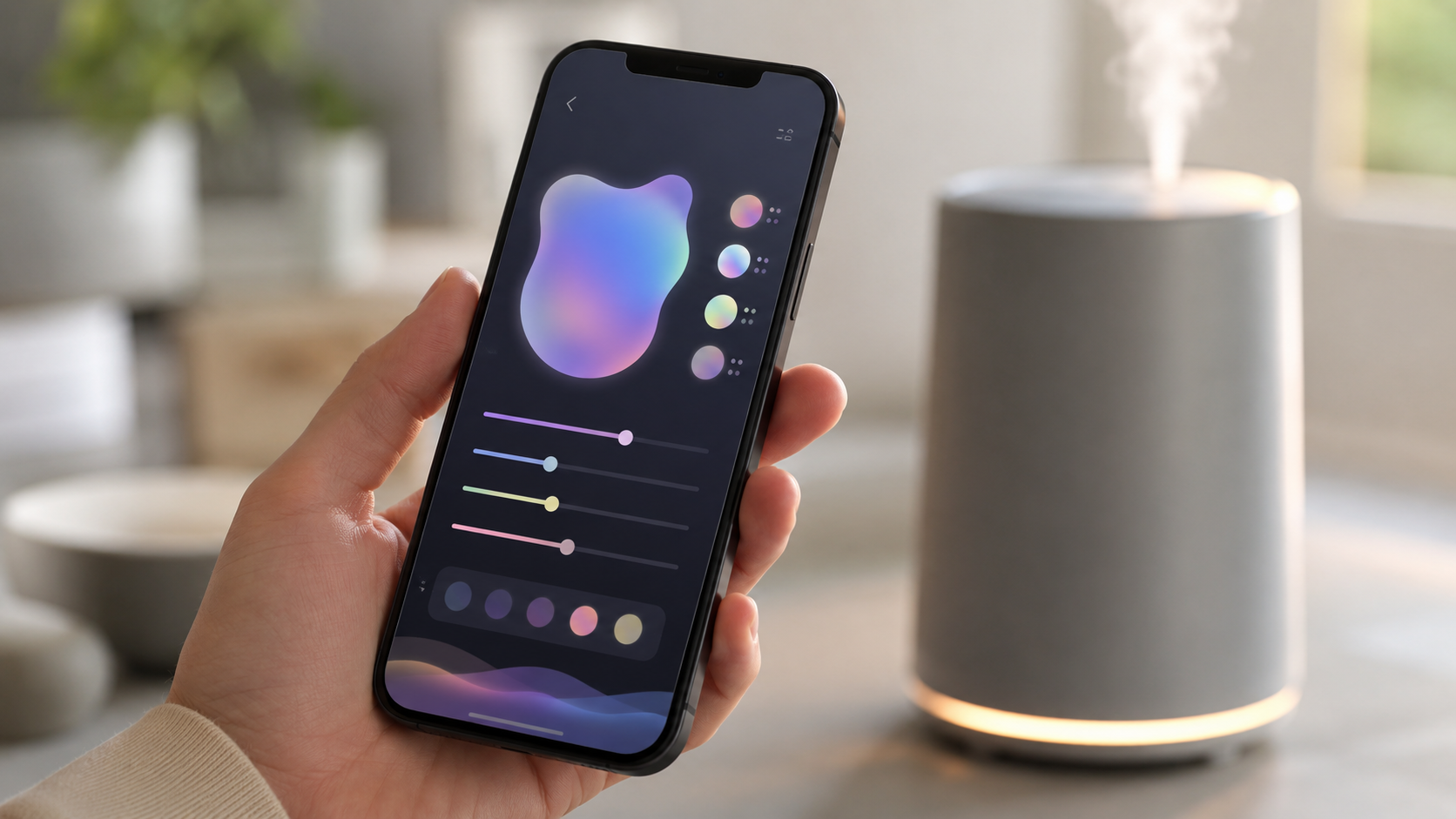 Une main tient un smartphone affichant une interface de composition de senteur, un diffuseur flou derriere