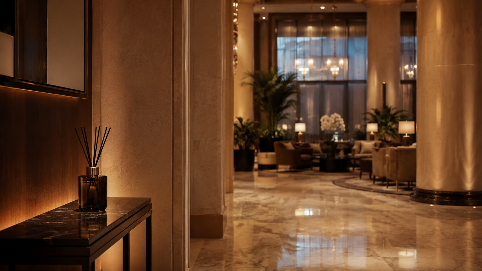 Un hall d'hotel elegant avec un diffuseur de senteur discret sur un gueridon