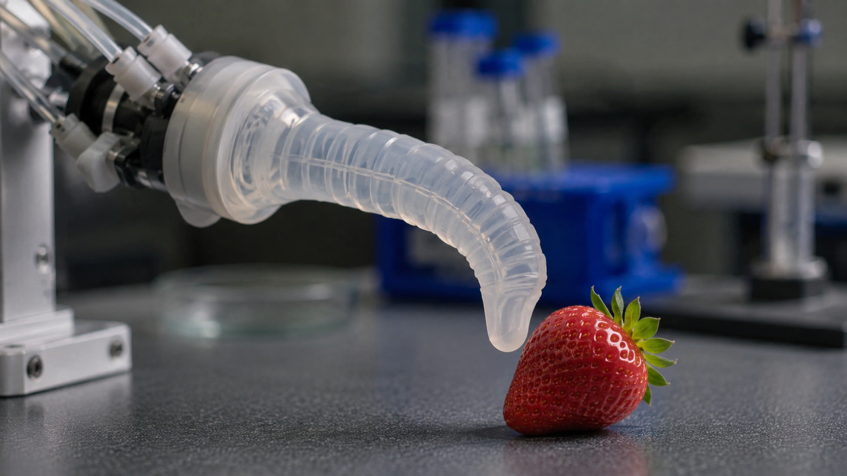 Une pince robotique souple s'approche d'une fraise sur une paillasse