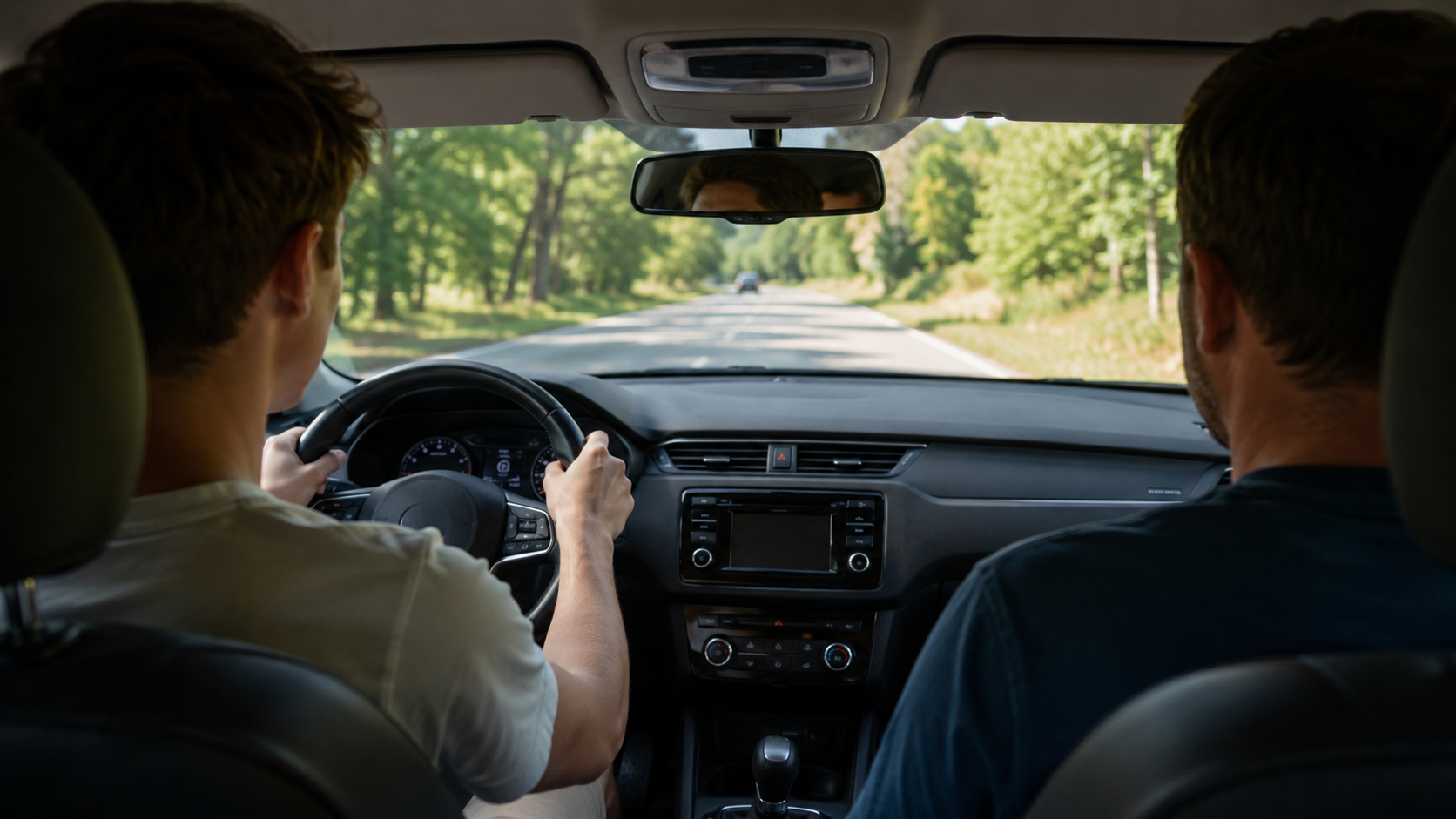 Un jeune conducteur au volant accompagné d'un adulte attentif côté passager