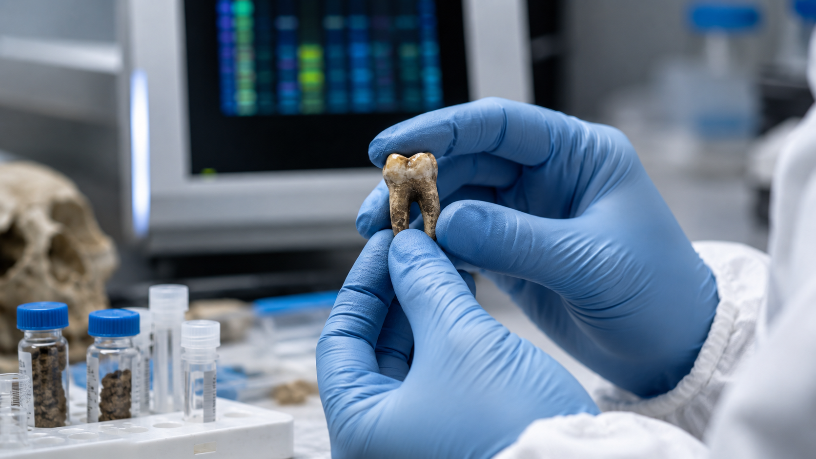 Des mains gantées tiennent une dent ancienne sous la lumière d'un laboratoire d'analyse ADN