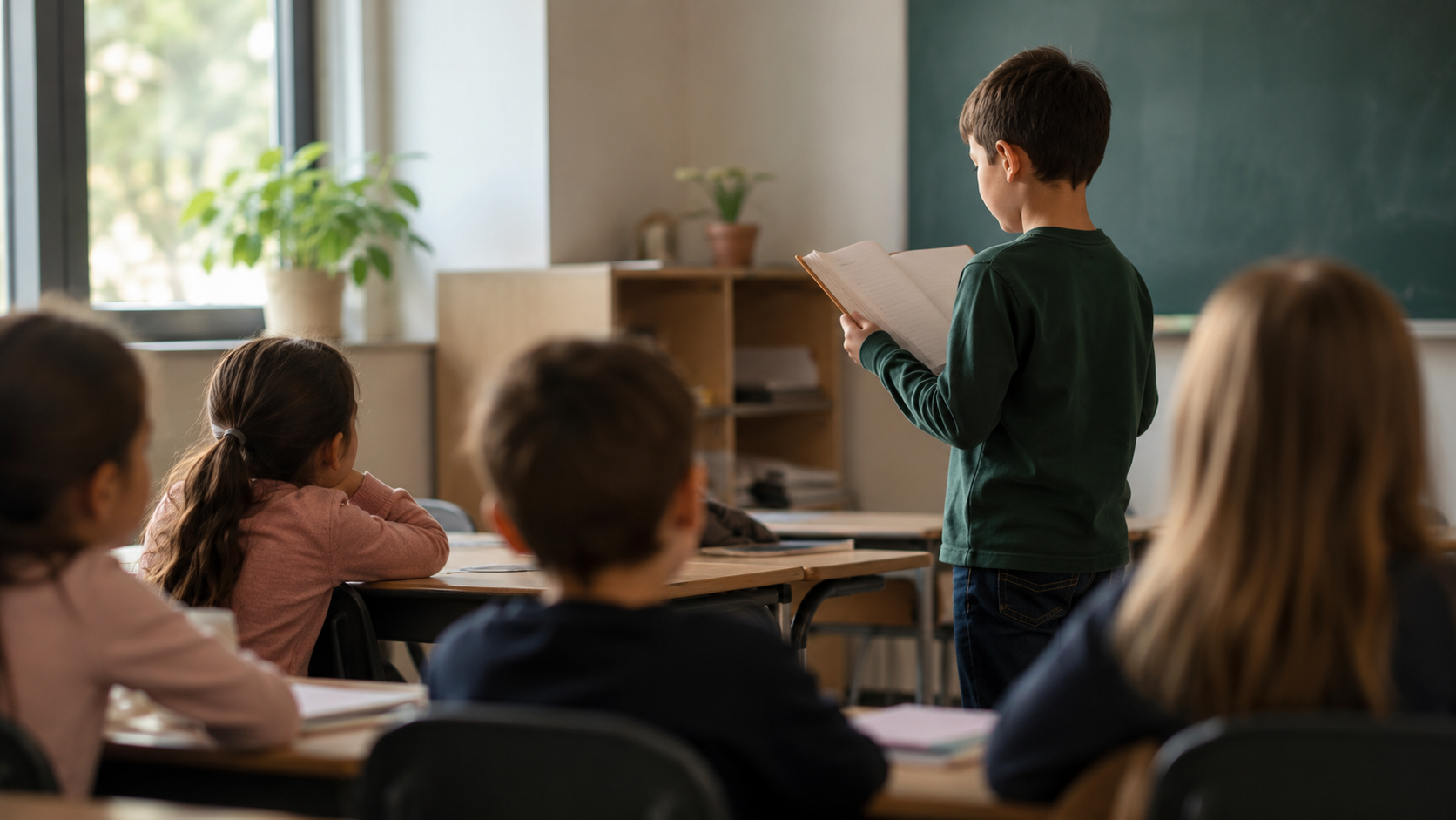 Un eleve lit a voix haute devant sa classe pres des pupitres