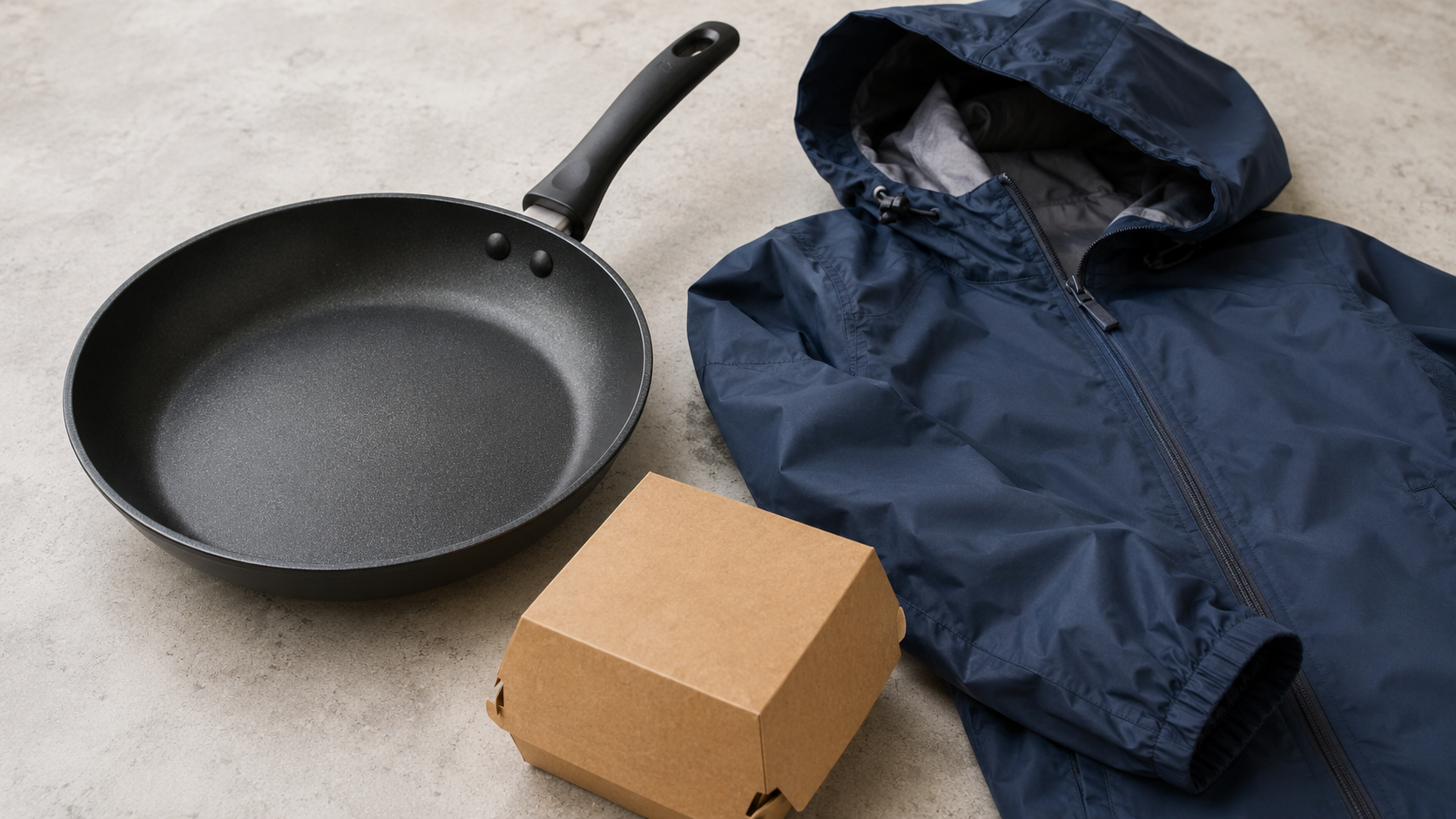 Poêle antiadhésive, veste imperméable et emballage en carton posés sur une table neutre