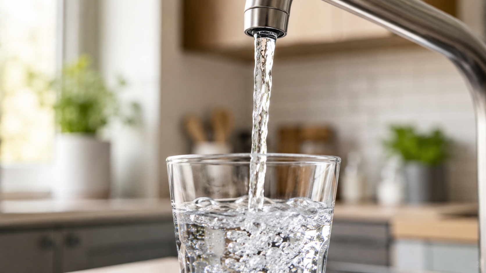 Verre d'eau claire qui se remplit au robinet d'une cuisine