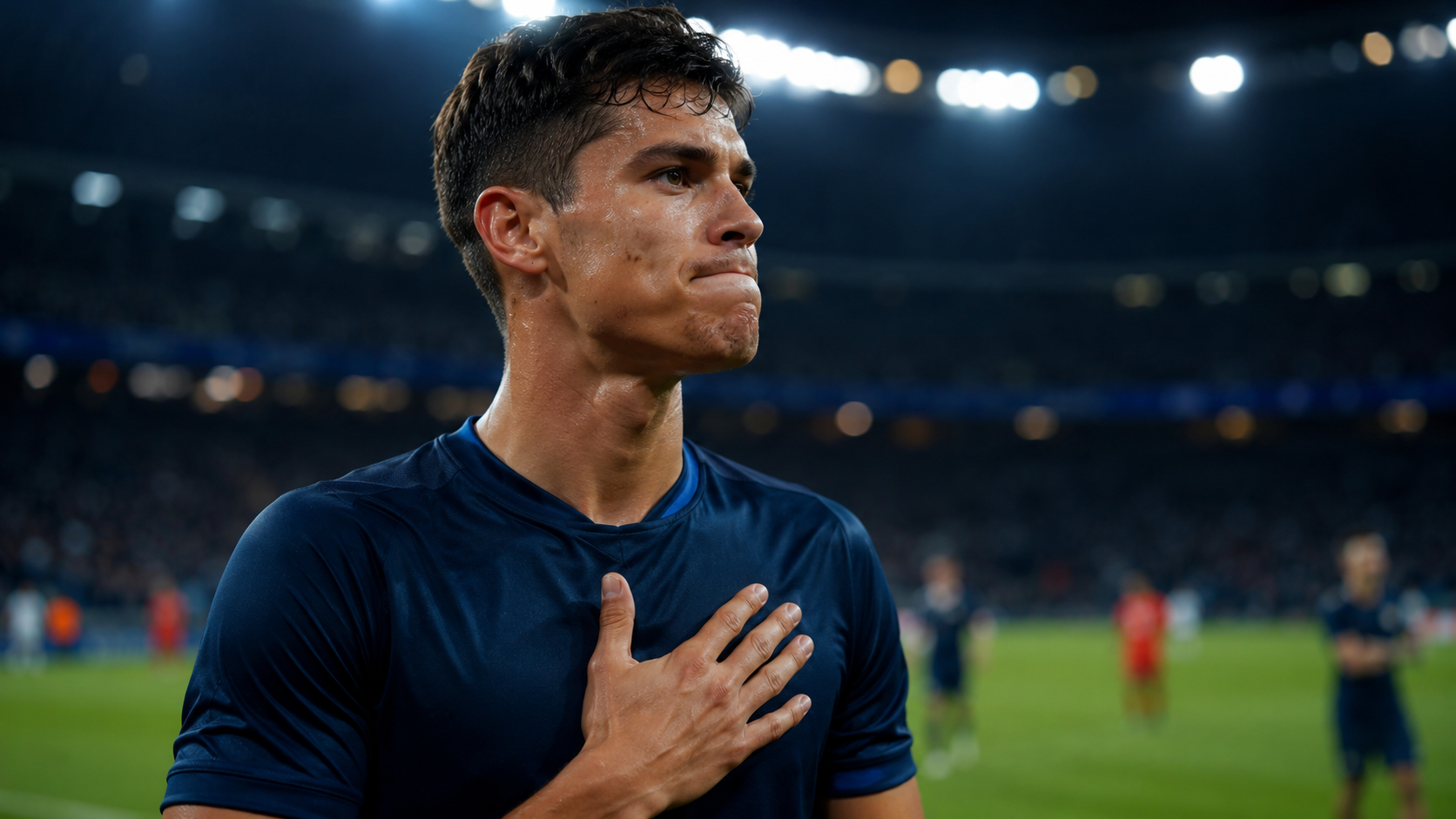 Footballeur générique se retenant de protester face à une décision arbitrale pendant un match