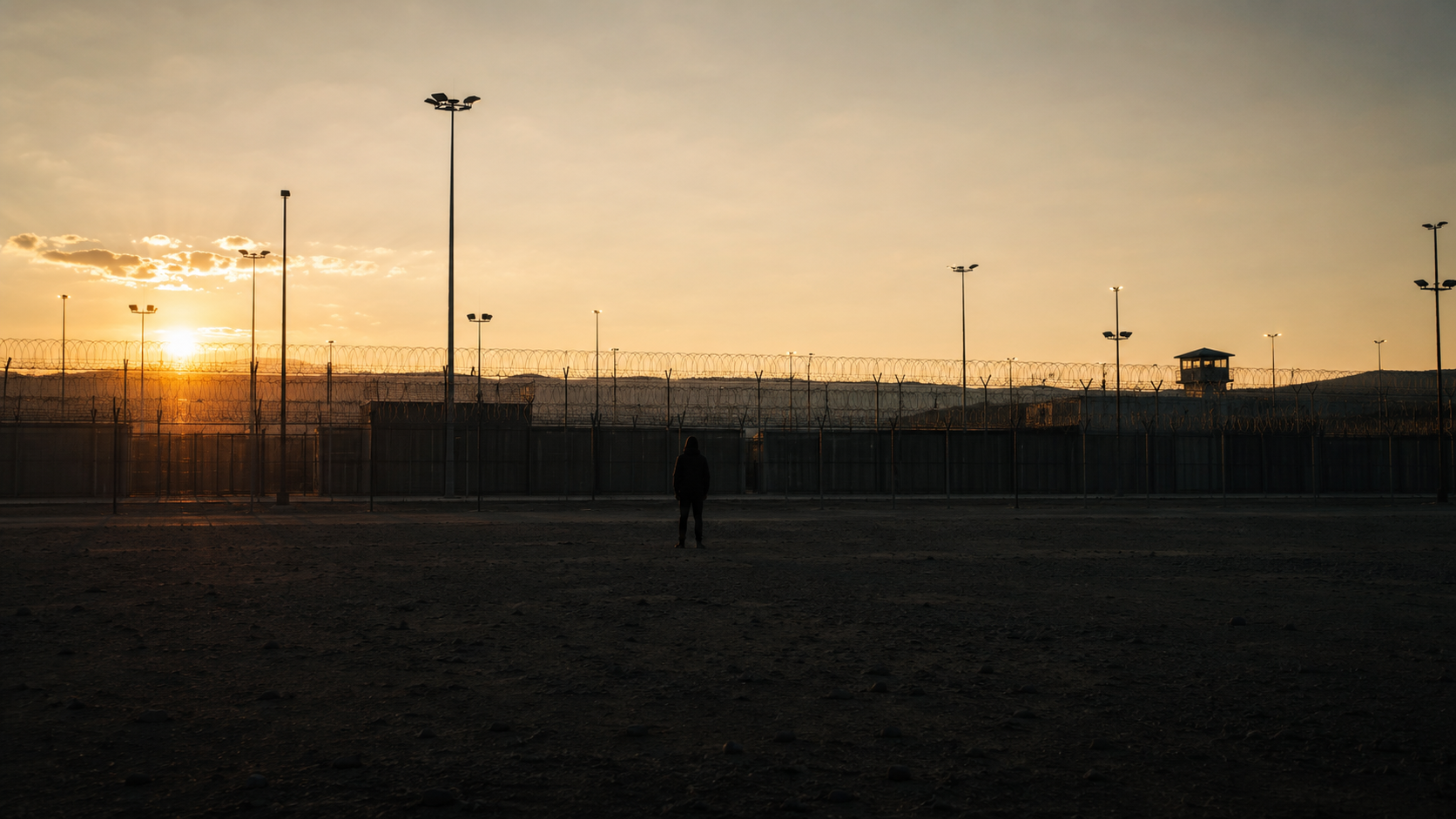Silhouette d'une personne devant un centre de rétention d'immigration, vue à travers des grilles
