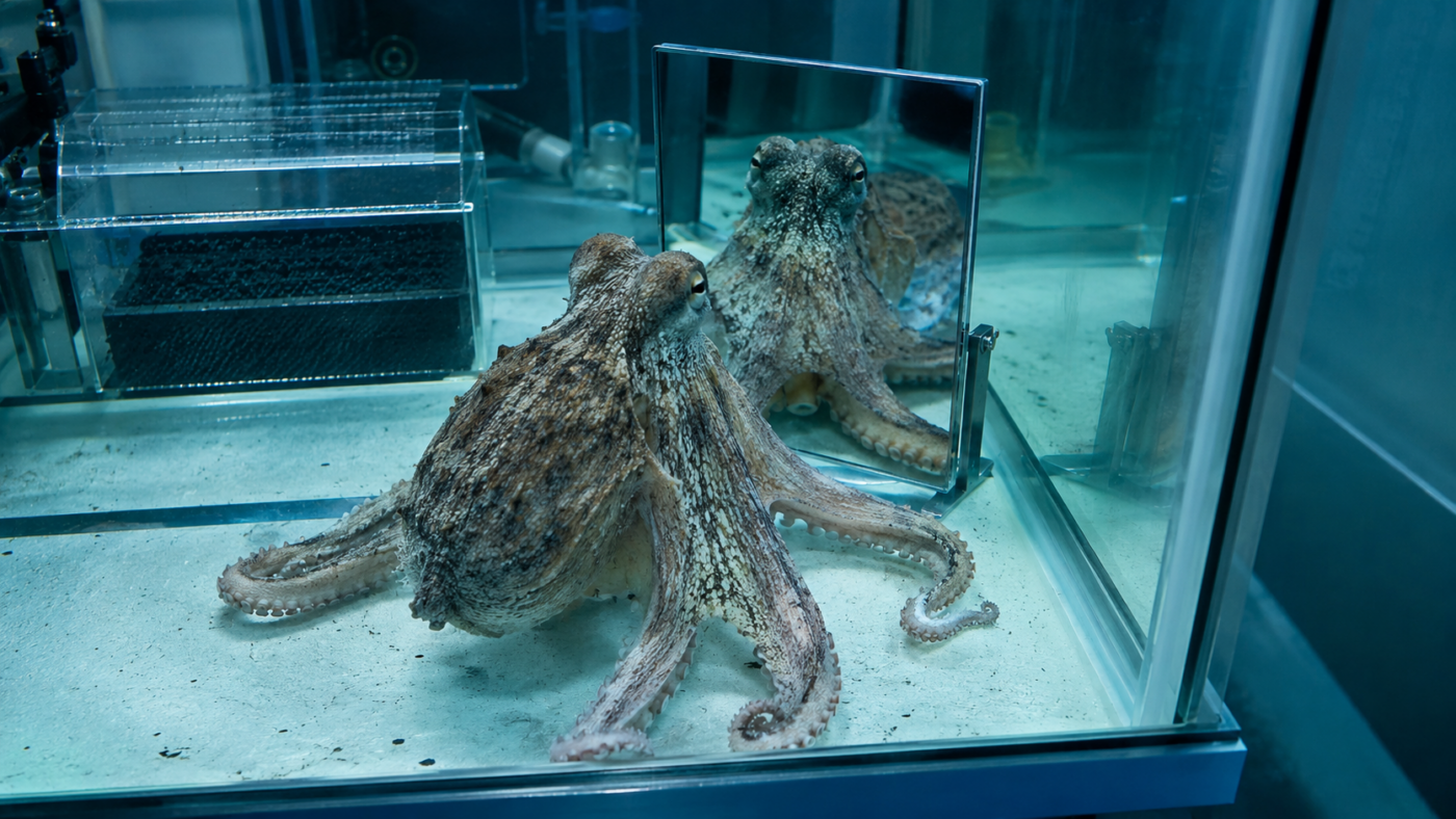 Une pieuvre à deux taches de Californie face à un miroir dans un bac de laboratoire