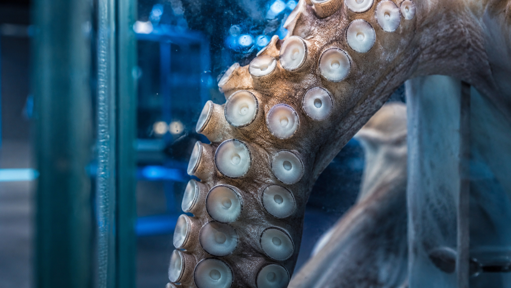 Gros plan sur un bras de pieuvre avec ventouses sur la paroi d'un aquarium