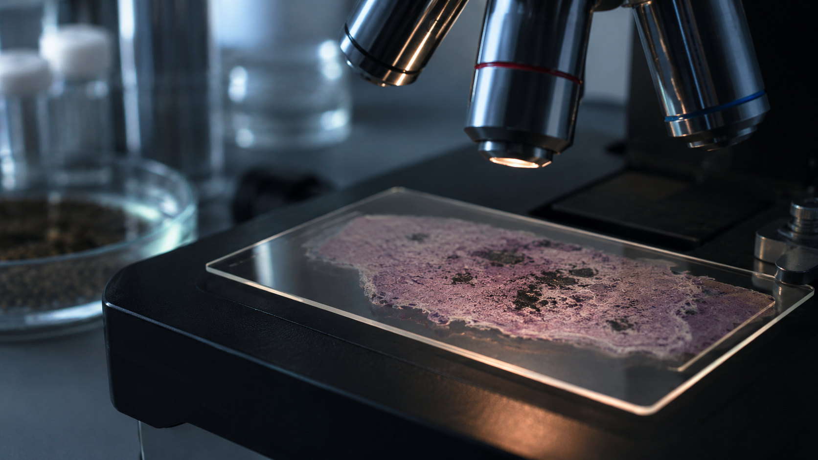 Lame de microscope évoquant le foie pigeon et les particules de fer