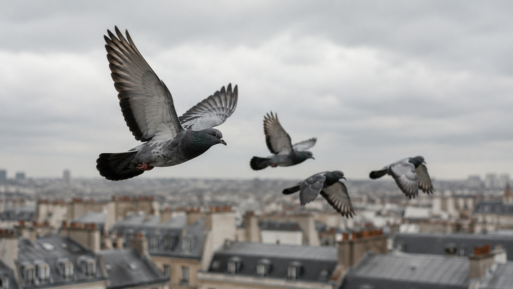 Pigeons voyageurs en vol sous un ciel couvert