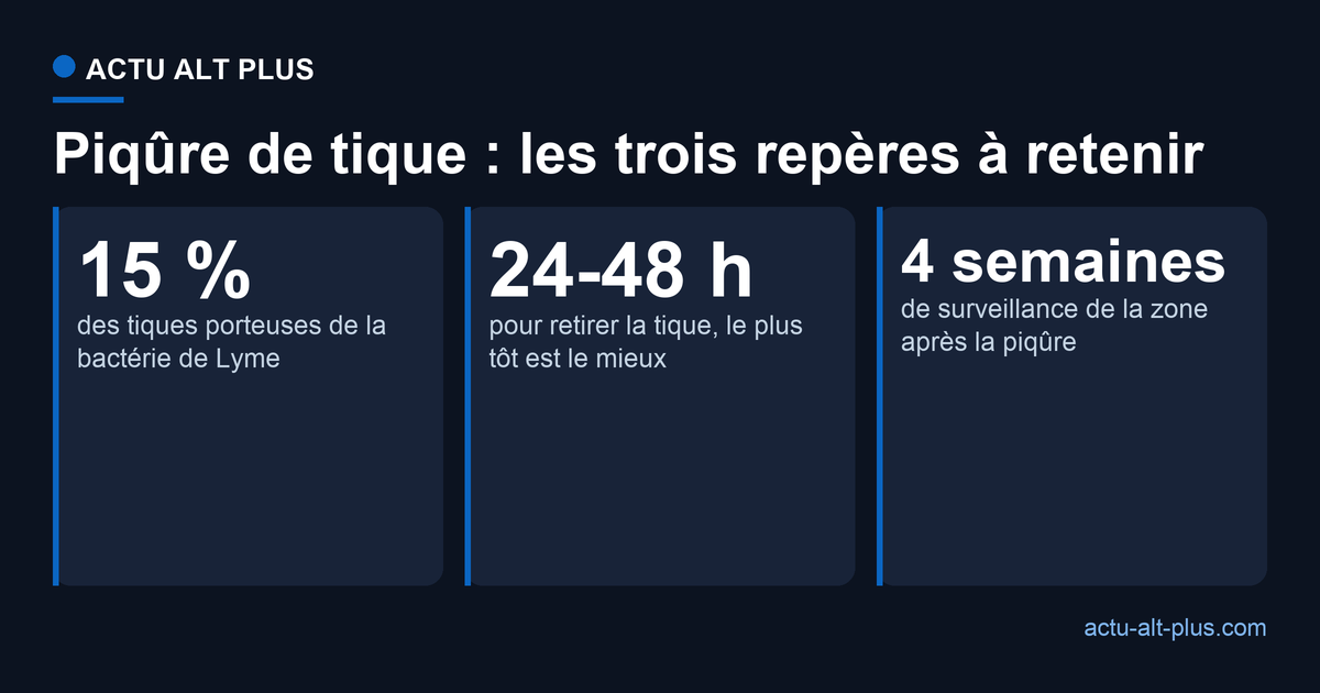 Trois repères pour gérer une piqûre de tique : environ 15 % des tiques porteuses, retrait dans les 24 à 48 heures, surveillance pendant 4 semaines