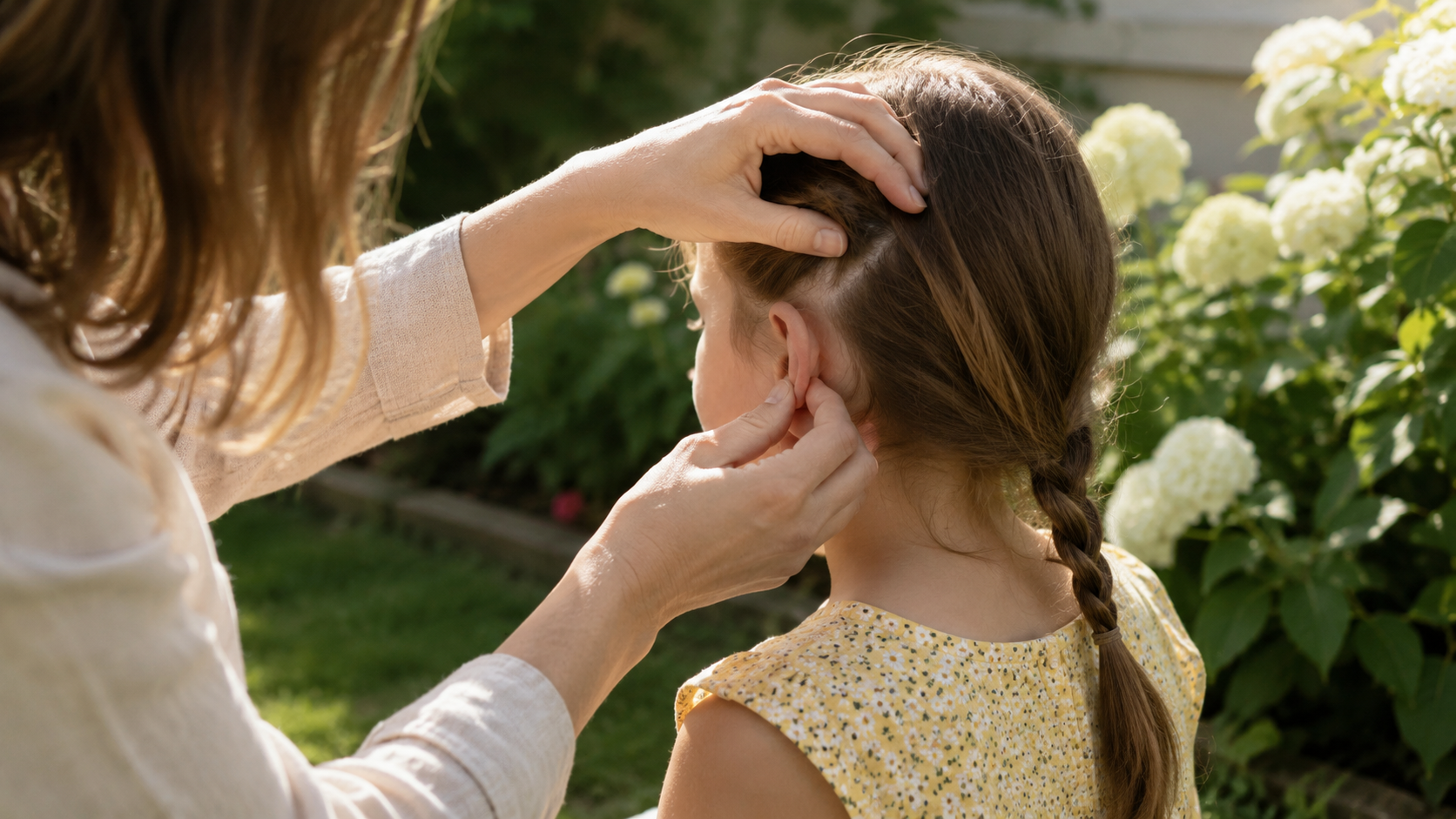 Un adulte inspecte le cuir chevelu d'un enfant après un après-midi dans le jardin