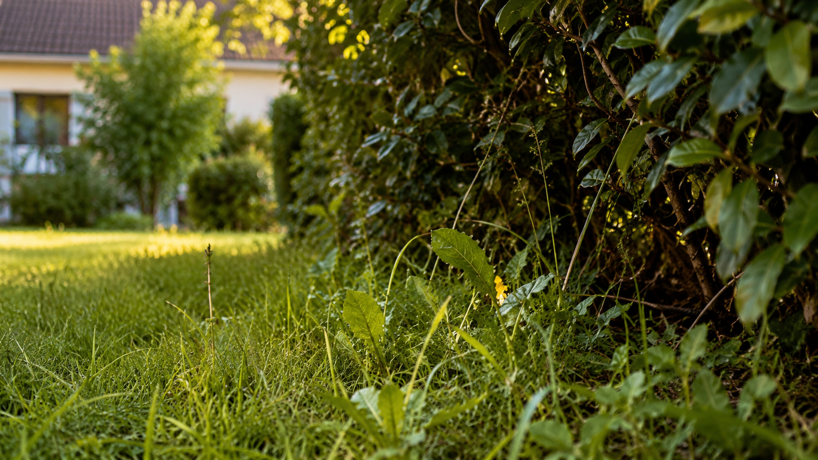Herbes hautes et haie en bordure d'un jardin de pavillon sous le soleil d'été