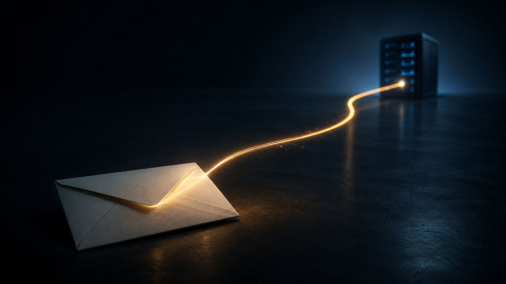 Enveloppe d'où s'échappe un fin filet de lumière vers un serveur distant, illustration conceptuelle