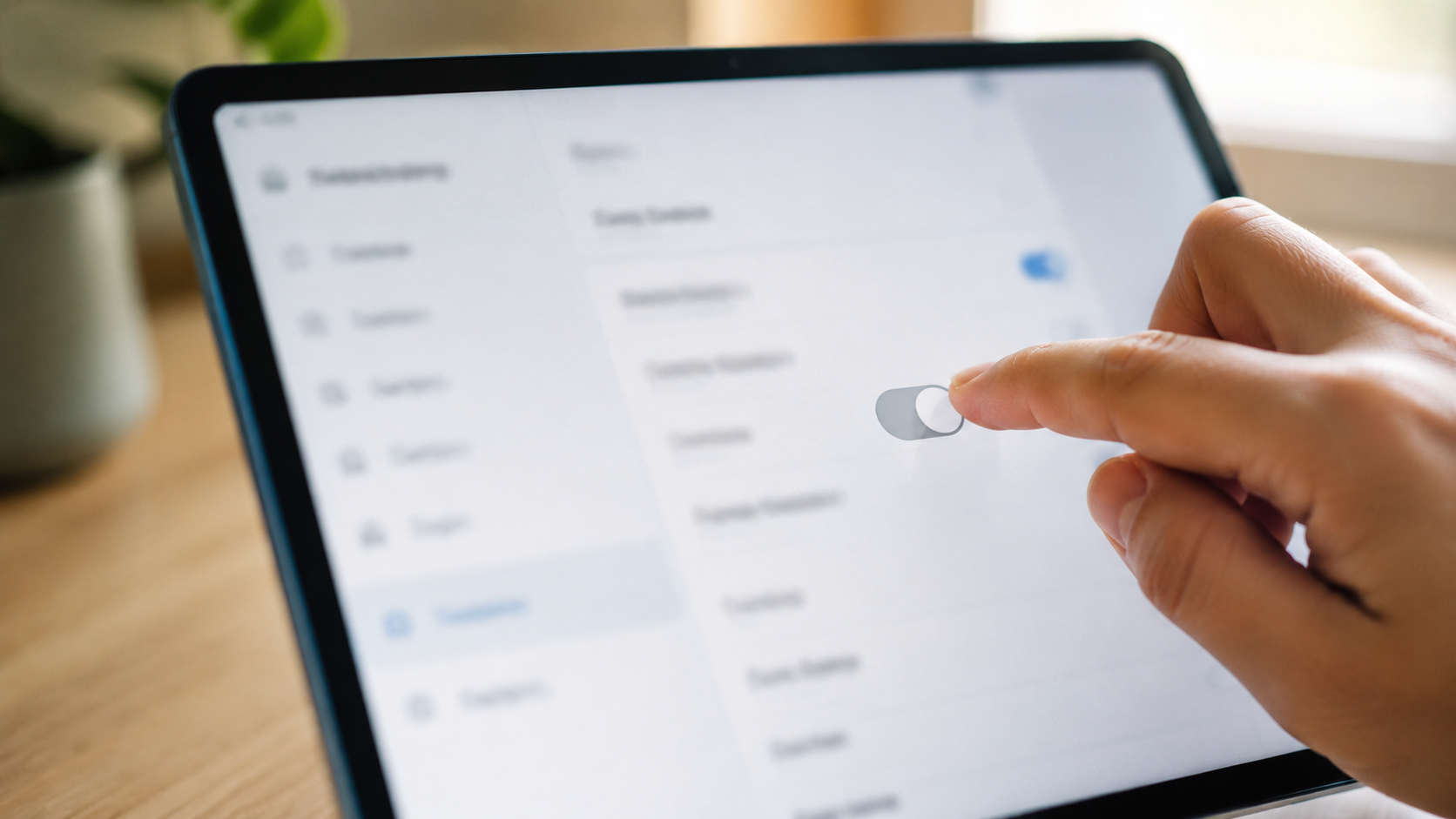 Une main bascule un interrupteur de réglage sur une appli de messagerie, écran de biais