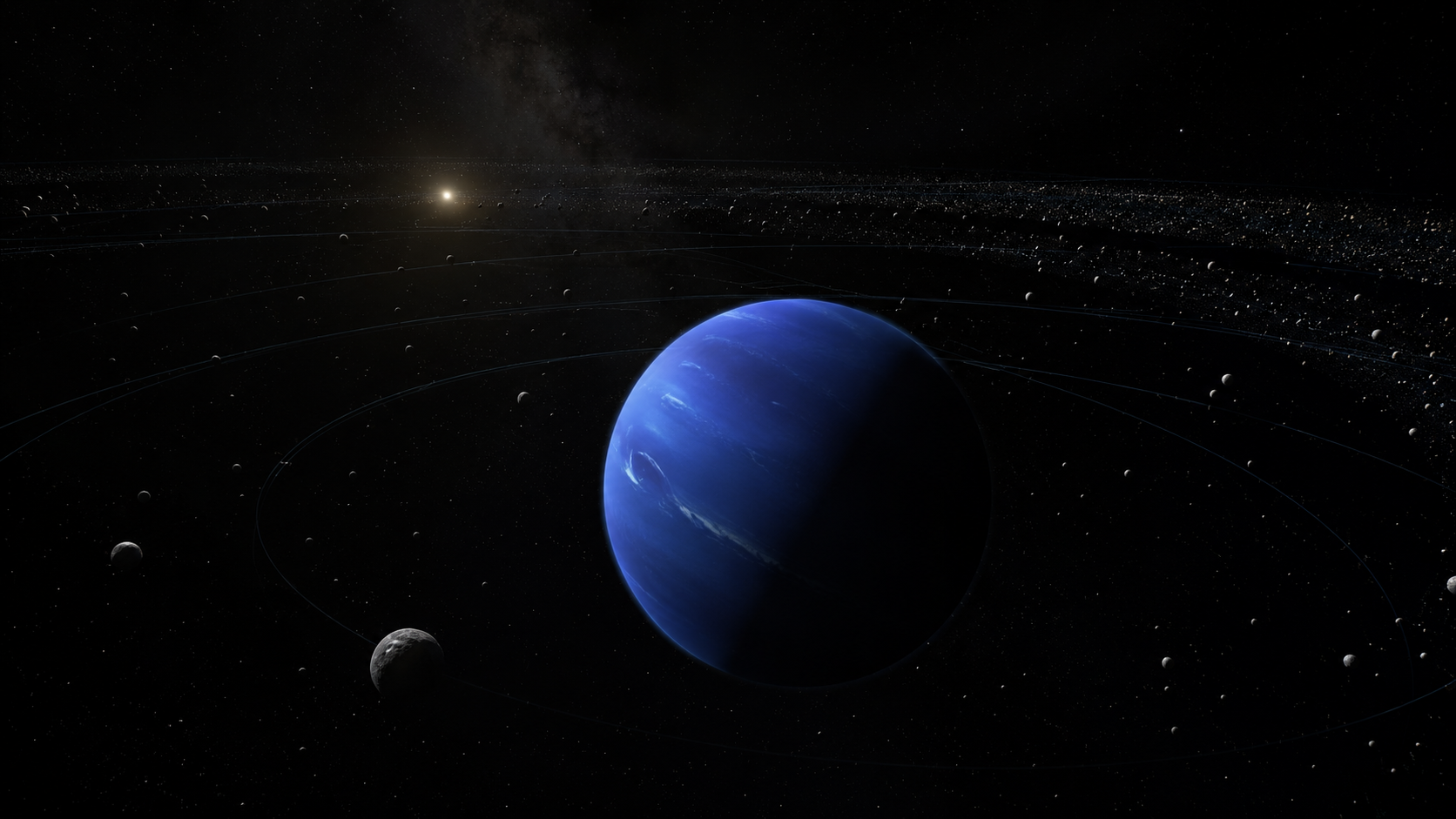 Vue artistique de la ceinture de Kuiper avec Neptune et des objets trans-neptuniens