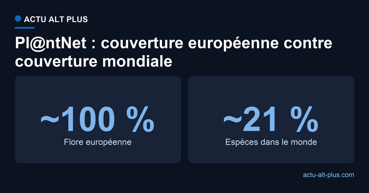 Pl@ntNet reconnaît la flore européenne à près de 100 %, contre environ 21 % des espèces à l'échelle mondiale (85 000 sur 400 000 estimées)