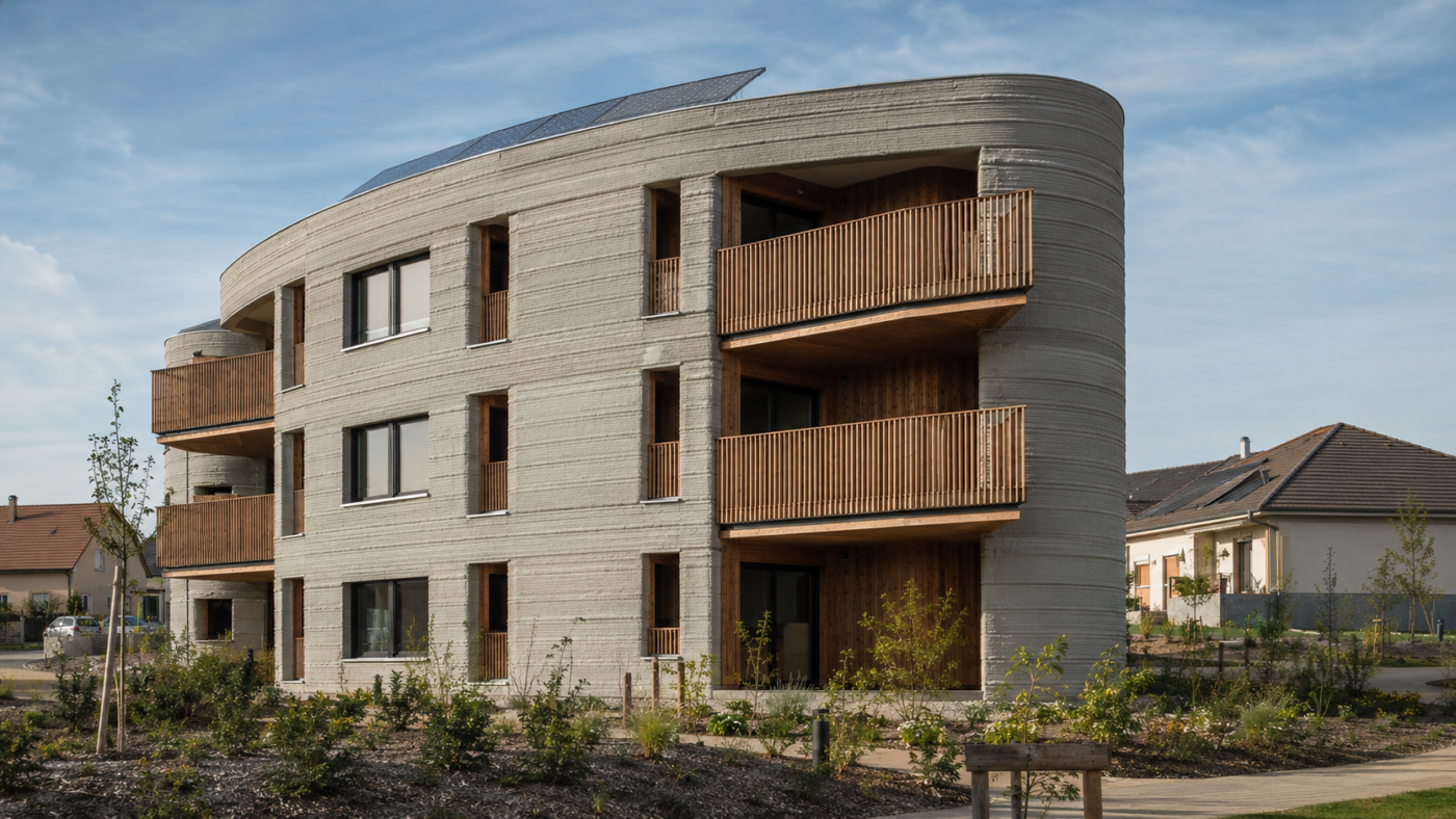 ViliaSprint2, immeuble de logements sociaux imprime en 3D a Bezannes (Marne), avec sa facade courbe caracteristique