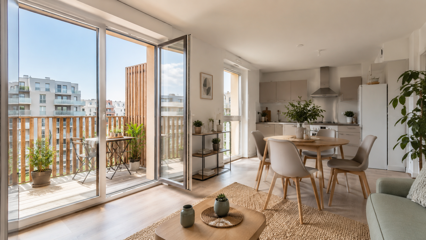 Interieur d'un appartement de ViliaSprint2 avec acces a un balcon en bois, illustrant le confort des logements sociaux imprimes en 3D