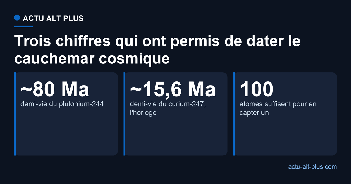 Plutonium-244 demi-vie environ 80 millions d'années, curium-247 environ 15,6 millions d'années, et 100 atomes suffisent au détecteur le plus sensible au monde