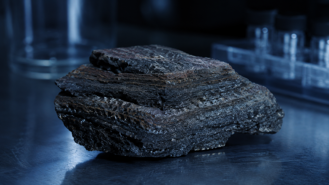 Un fragment de croûte ferromanganèse sombre et stratifié posé sous une lumière de laboratoire froide