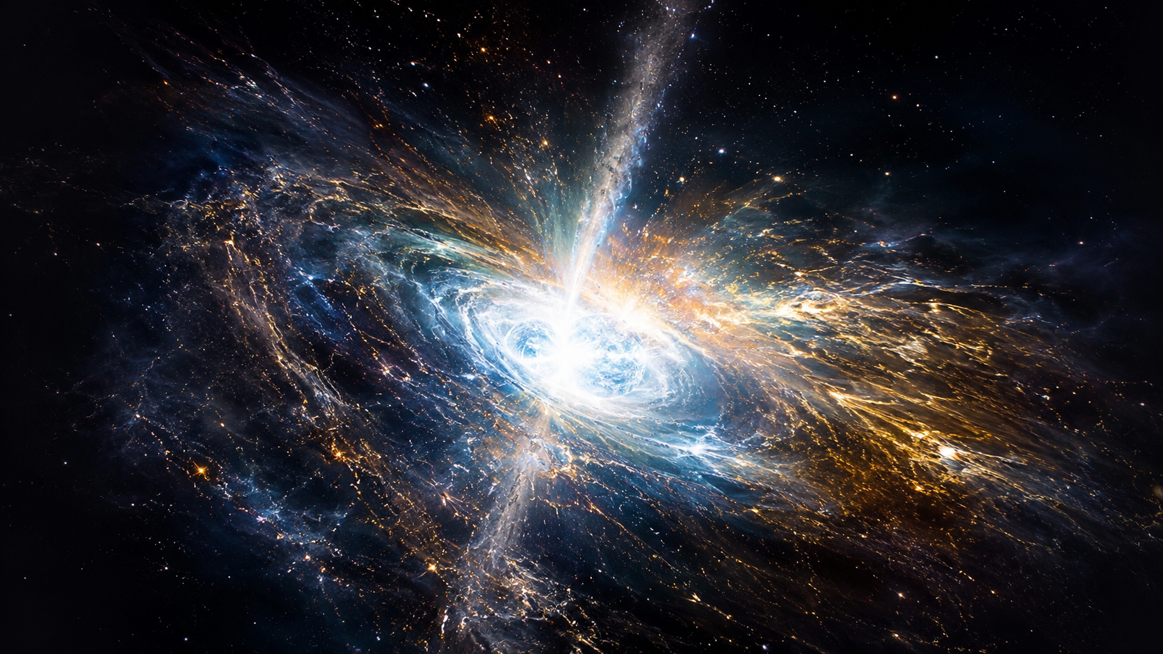 La fusion de deux étoiles à neutrons, éclat de lumière et spirale de matière éjectée dans le noir cosmique