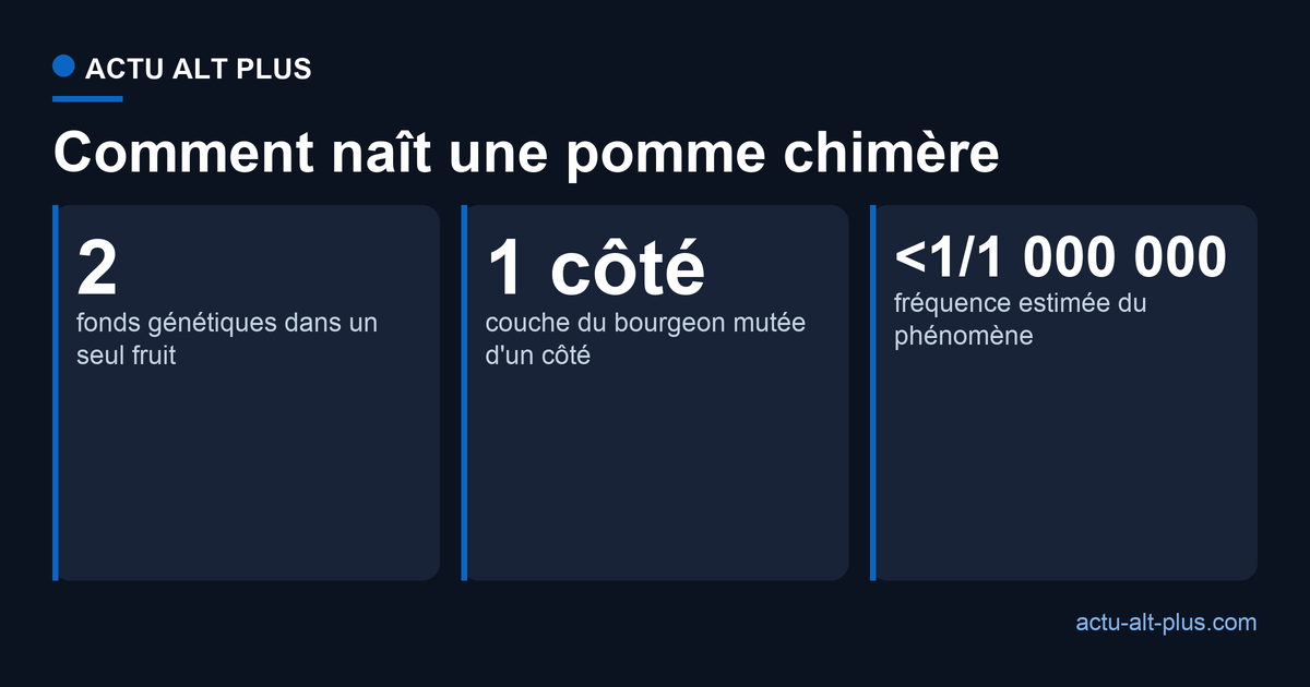 Trois repères pour comprendre la pomme chimère : deux fonds génétiques, une ligne de couleur nette, moins d'un fruit sur un million