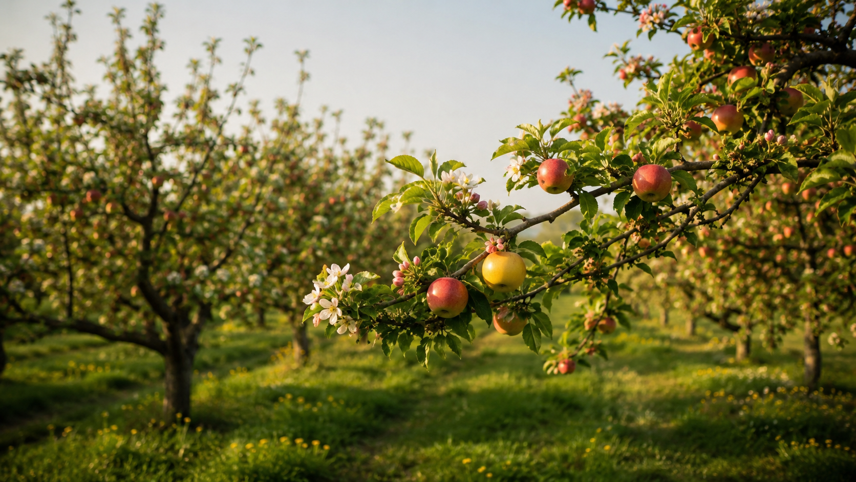 Un verger de pommiers au printemps avec une branche dont les fruits diffèrent légèrement du reste de l'arbre