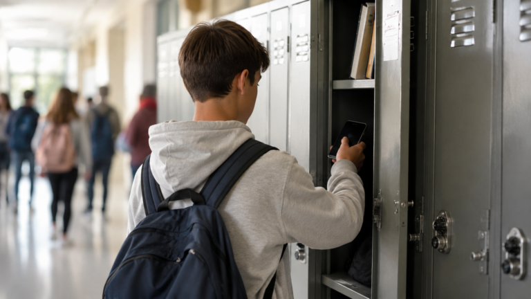 Un adolescent range son telephone a la sortie d'un college