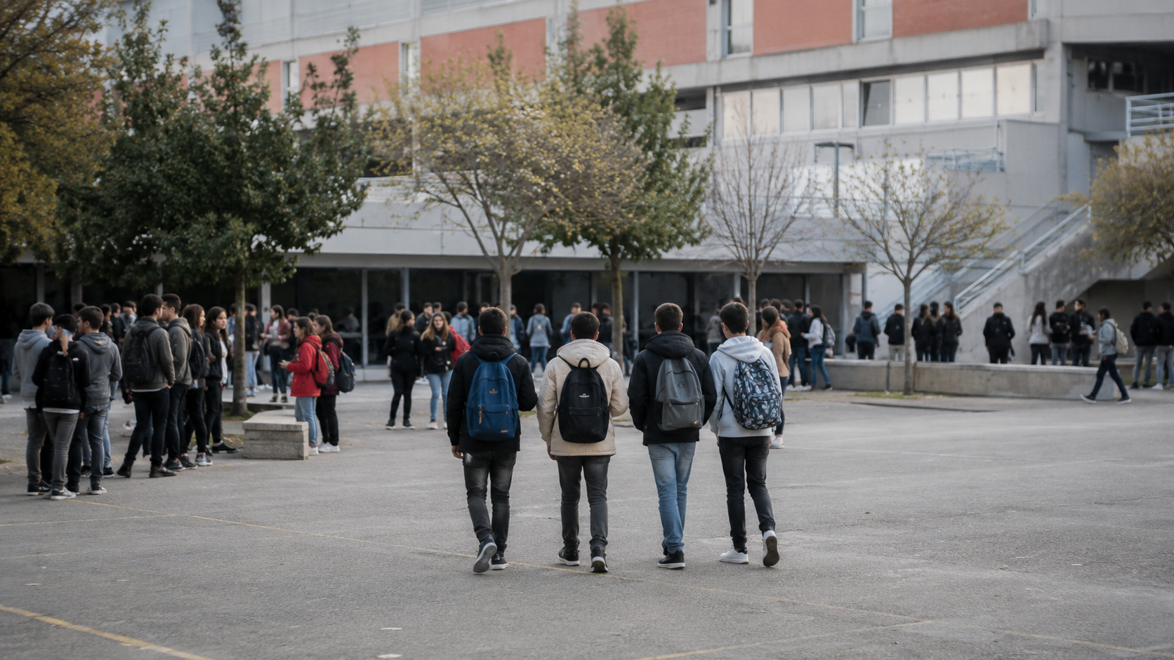 Des adolescents discutent dans une cour de recreation sans telephone