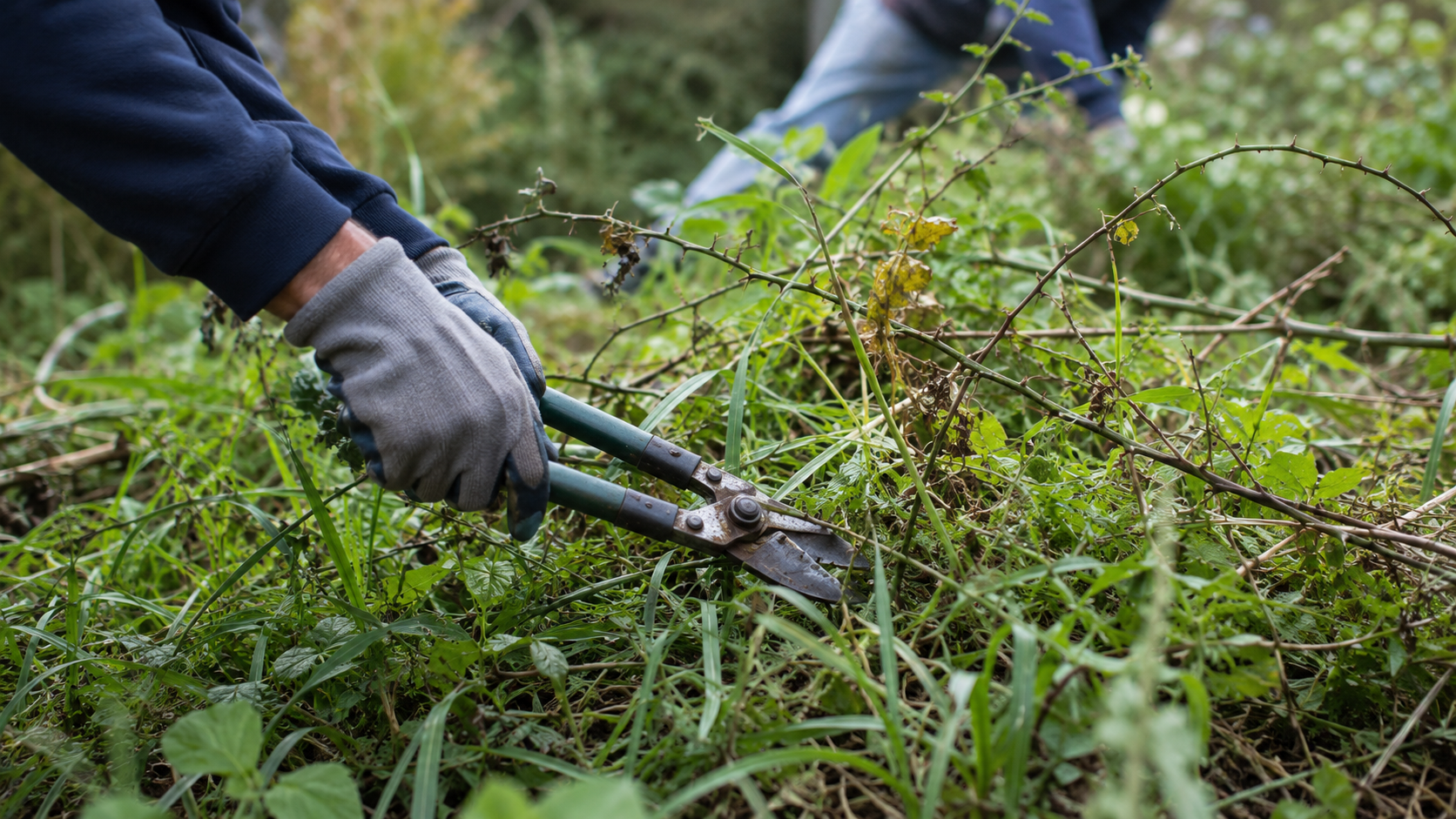 Mains gantees de benevoles coupant des ronces dans un jardin a l'abandon
