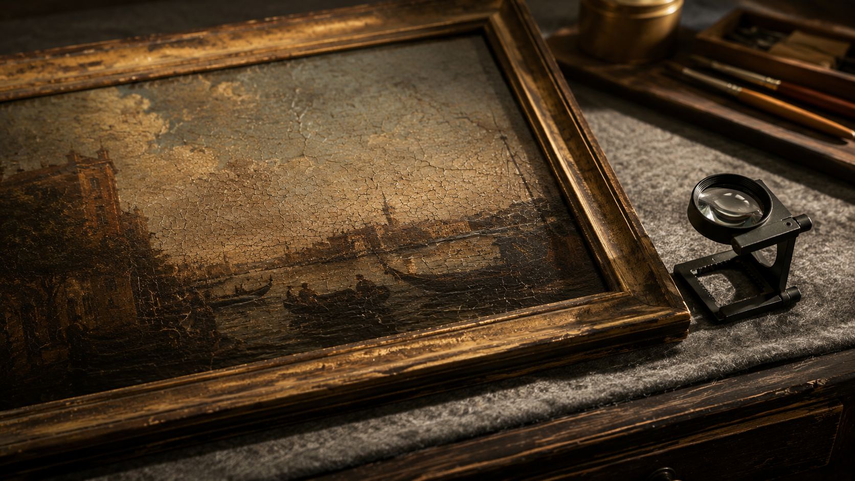 Une loupe et un tableau ancien posés sur une table d'expertise, en lumière rasante