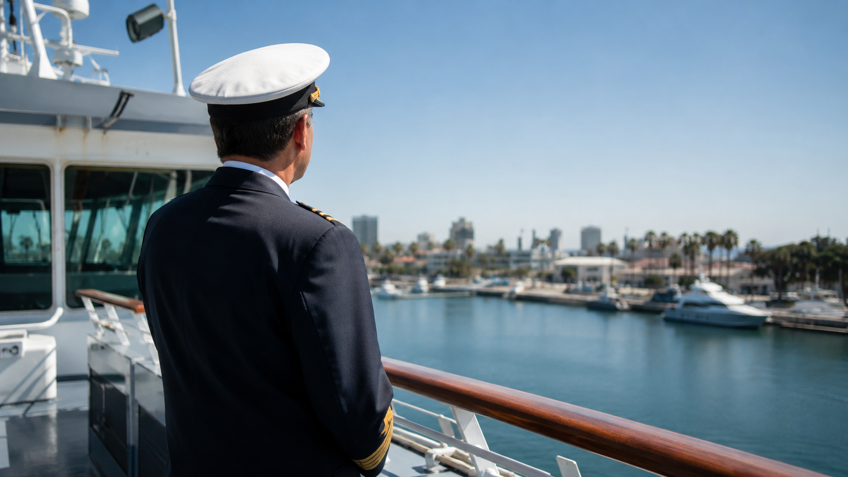 Un capitaine sur le pont de son navire hybride dans le port de Long Beach, Californie