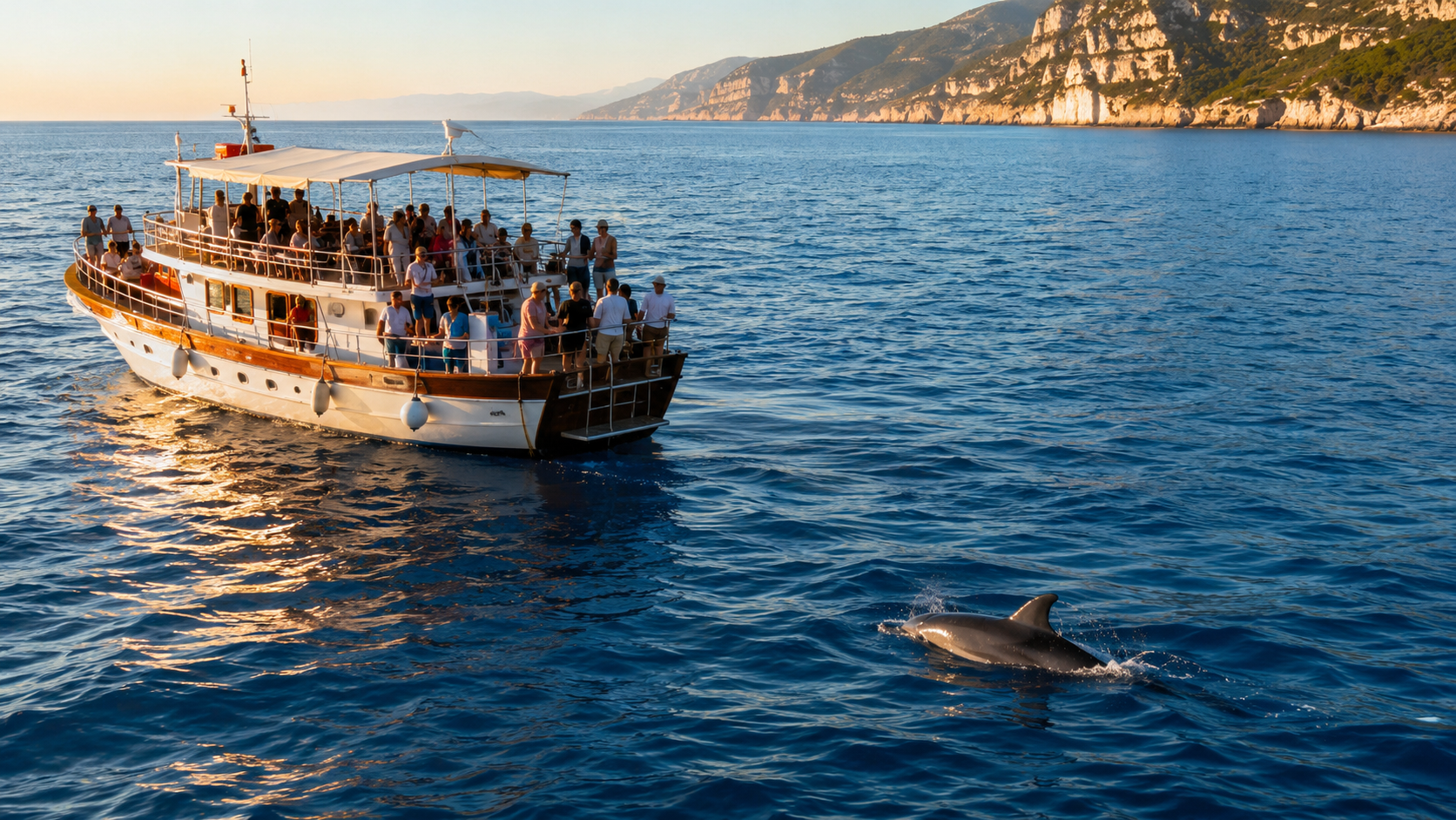 Bateau de whale-watching en Mediterranee francaise avec un dauphin bondissant