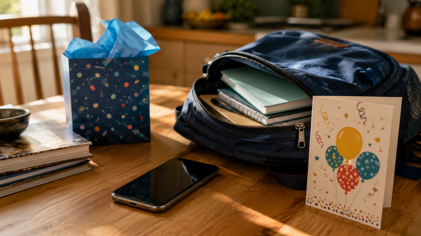 Un smartphone posé sur une table de cuisine à côté d'un cartable d'écolier et d'une carte d'anniversaire