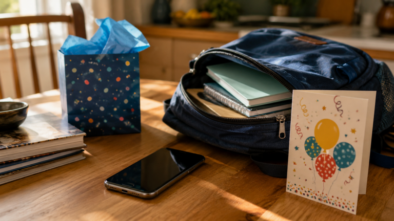 Un smartphone posé sur une table de cuisine à côté d'un cartable d'écolier et d'une carte d'anniversaire