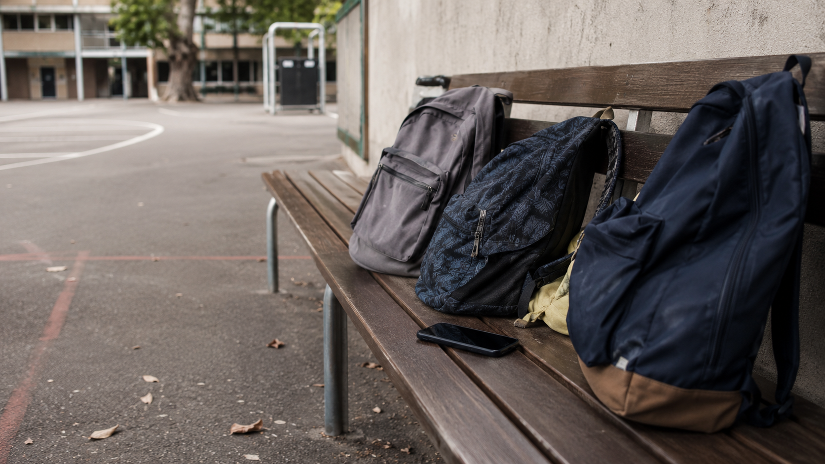 Un banc de cour d'école avec des sacs de collégiens et un smartphone posé pendant la pause