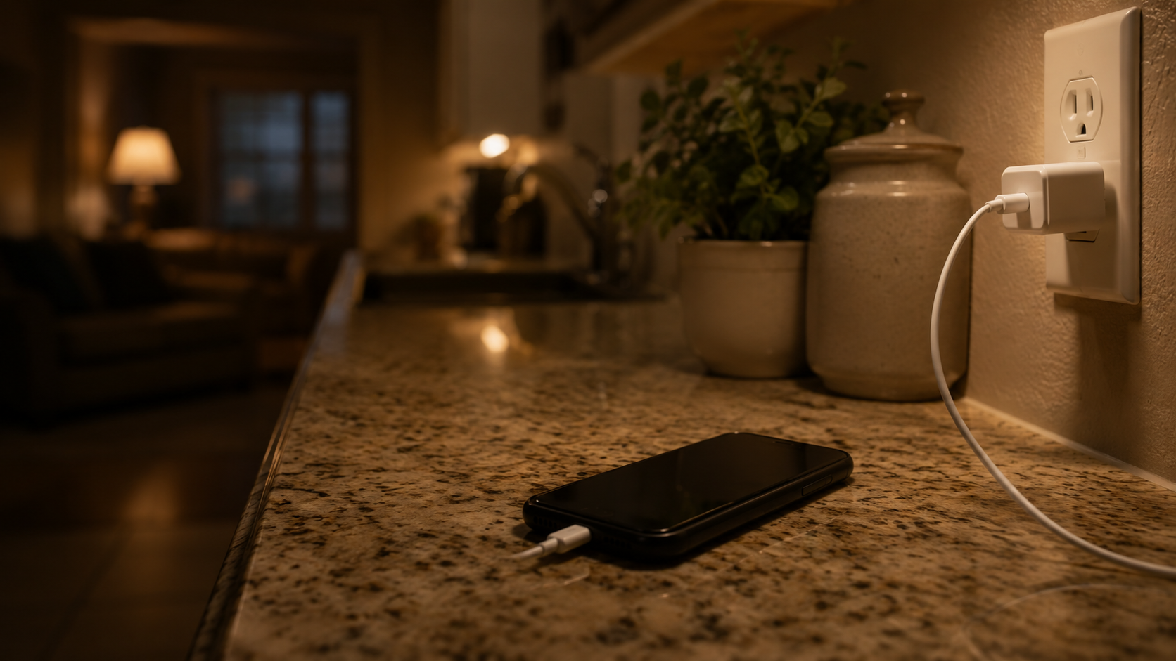 Un smartphone en charge sur un plan de travail de cuisine le soir, hors des chambres