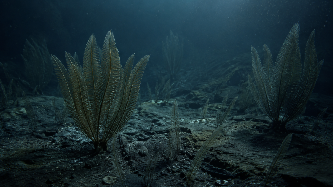 Reconstitution d'un fond marin de l'Ediacarien peuple d'organismes frondiformes fixes