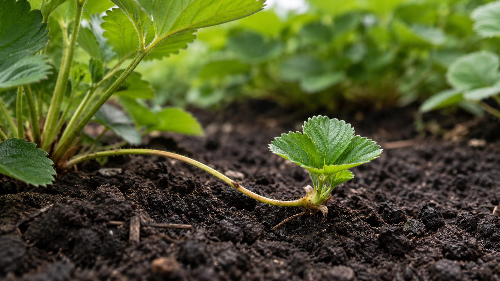 Pieds de fraisiers emettant des stolons avec de jeunes plants clones au bout