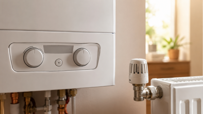 Panneau de commande d'une chaudière à gaz et robinet thermostatique de radiateur dans un logement