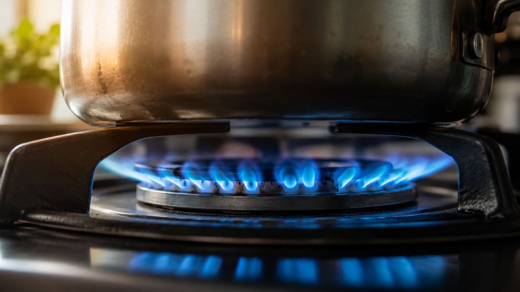 Flammes bleues d'un brûleur de gazinière domestique vues de près dans une cuisine