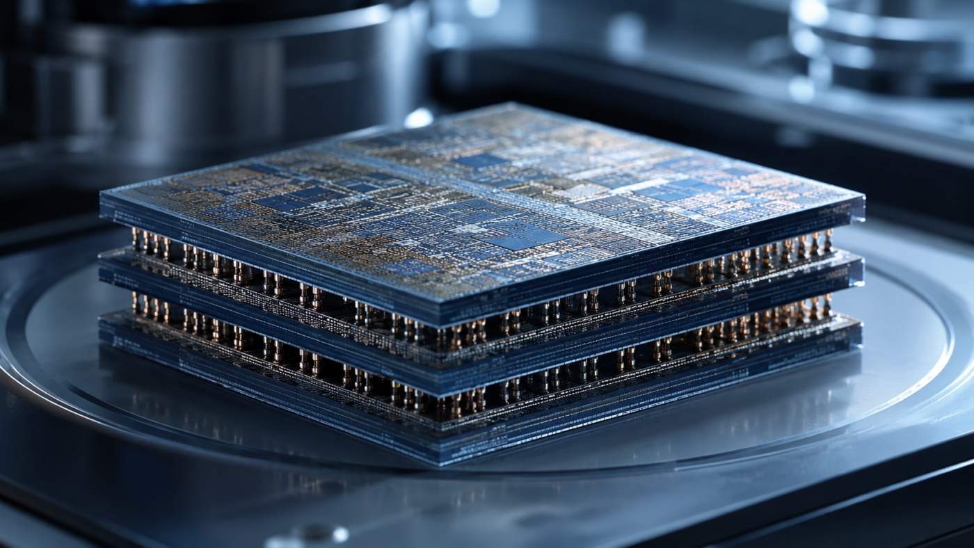 Une plaquette de silicium en lumière froide révèle des couches superposées, sans interface ni texte lisible.