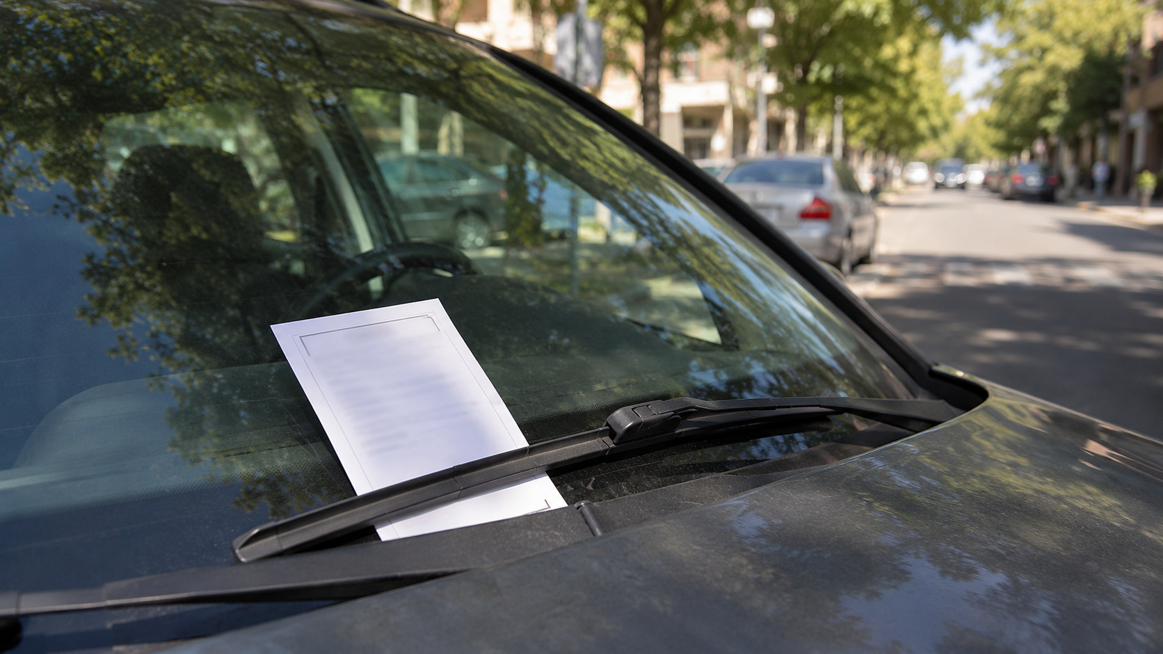 Un faux PV en papier coince sous l'essuie-glace d'une voiture dans une rue ensoleillee