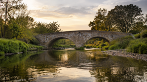 Petit pont de pierre au-dessus d'une riviere de campagne au crepuscule, eau calme et berges vertes