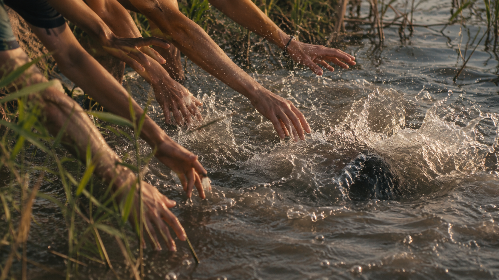 Bras de plusieurs jeunes tendus vers l'eau trouble d'une riviere pour porter secours